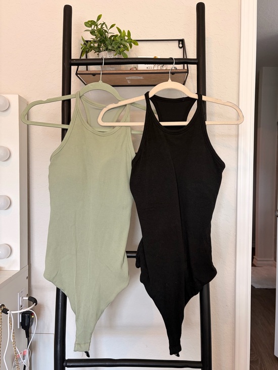 Klassy Network Tops - Klassy Network Black and Beige Ribbed Tank Bodysuits - 2 Pack BUILT IN BRA
